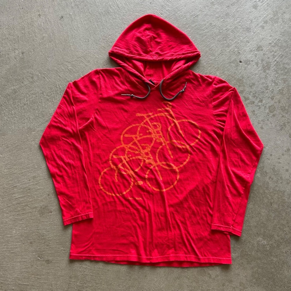 Marushka Bicycle Lightweight Hoodie Shirt Size Medium Red Hand Printed Pullover